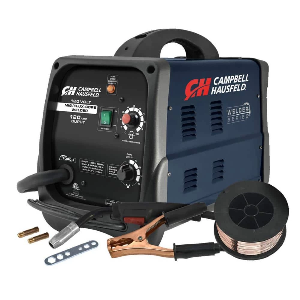 Campbell Hausfeld MIG/Flux Core Welder 120 Amp Output Wire Feed with Accessories 1 Campbell Hausfeld MIG/Flux Core Welder 120 Amp Output Wire Feed with Accessories