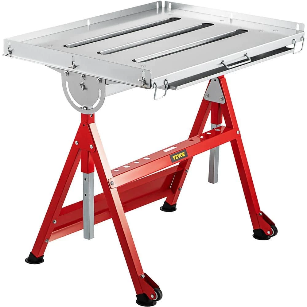 VEVOR Folding Welding Table 30 in. x 20 in. Sawhorse Workbench 400 lbs. Adjustable with Casters Retractable Guide Rails 1 VEVOR Folding Welding Table 30 in. x 20 in. Sawhorse Workbench 400 lbs. Adjustable with Casters Retractable Guide Rails